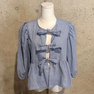 Blue Gingham Bow Front Puff Sleeve Blouse | Cottagecore | Women’s Small